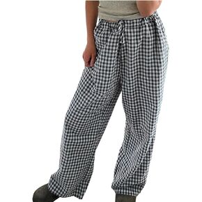 Striped Lounge Pants Womens Plaid Checkered Wide Leg Pajama Pj Pants Y2k Comfy Linen Drawstring Gingham Sleep Pants