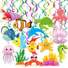 Sea Animals Life Hanging Swirls 30 Pack Foil Ceiling Hanging Swirls Streams Banner Garland Decor for Kids Under The Sea Mermaid Baby Shower Celebrating Events Birthday Party Supplies Room Wall Decor