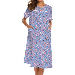 Ekouaer House Dress for Women with Pockets Button Front Duster Housecoat Short Sleeve Nightgown Pajama Dress Plus Size Floral Bathrobe, Floral, Medium