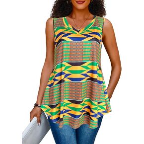 Afibi Summer Tops for Women Sleeveless V Neck Tshirt Loose Fit African Dashiki Tank Tunic Blouse