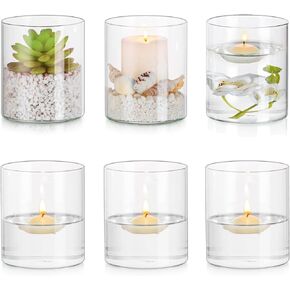 Hewory Glass Hurricane Candle Holder Set of 6, Clear Glass Candle Holders for Pillar Candles Floating Candles, 4 inch Glass Cylinder Hurricane Vases for Centerpieces Wedding Christmas Home Decor