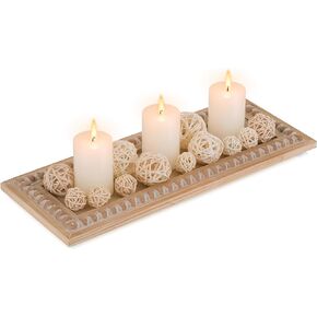 Hanobe Decorative Wood Candle Tray: Rustic Rectangle Beaded Centerpiece Table Decorations Farmhouse Long Narrow Tealight Candle Holders Plate for Dining Room Coffee Table Decor