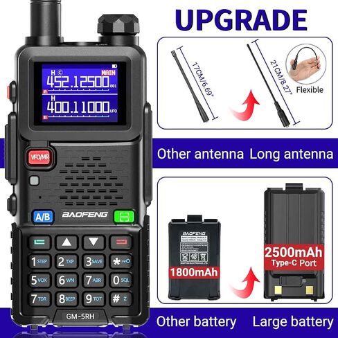 راديو BAOFENG GMRS UV-5R ترقية أجهزة الاتصال اللاسلكي المحمولة طويلة المدى GM-5RH راديو ثنائي الاتجاه مع بطارية 2500 مللي أمبير في الساعة، قدرة مكرر GMRS، جهاز استقبال الطقس NOAA، تردد النسخ وكابل من النوع C، عبوتان in Saudi Arabia