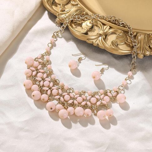 Flyonce زهرة طوق قلادة مع مجموعة الأقراط، الراتنج الصيف بوهو الأزهار مريلة بيان مجموعة مجوهرات للنساء in Kuwait