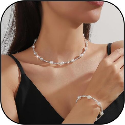 HUASAI Pearl Necklace and Earring Set Silver Pearl Jewelry Set for Women Adjustable Pearl Choker Necklace Bracelet Pearl Stud Earrings Pearl Wedding Bridal Jewelry Gifts in Saudi Arabia