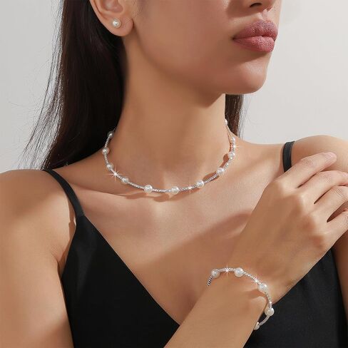 HUASAI Pearl Necklace and Earring Set Silver Pearl Jewelry Set for Women Adjustable Pearl Choker Necklace Bracelet Pearl Stud Earrings Pearl Wedding Bridal Jewelry Gifts in Saudi Arabia