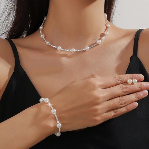 HUASAI Pearl Necklace and Earring Set Silver Pearl Jewelry Set for Women Adjustable Pearl Choker Necklace Bracelet Pearl Stud Earrings Pearl Wedding Bridal Jewelry Gifts in Saudi Arabia