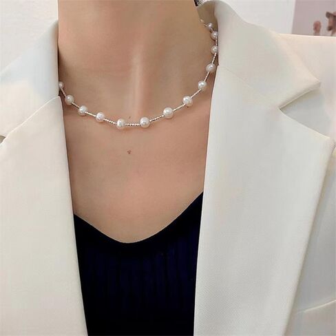 HUASAI Pearl Necklace and Earring Set Silver Pearl Jewelry Set for Women Adjustable Pearl Choker Necklace Bracelet Pearl Stud Earrings Pearl Wedding Bridal Jewelry Gifts in Saudi Arabia