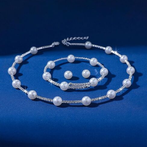 HUASAI Pearl Necklace and Earring Set Silver Pearl Jewelry Set for Women Adjustable Pearl Choker Necklace Bracelet Pearl Stud Earrings Pearl Wedding Bridal Jewelry Gifts in Saudi Arabia