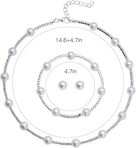 HUASAI Pearl Necklace and Earring Set Silver Pearl Jewelry Set for Women Adjustable Pearl Choker Necklace Bracelet Pearl Stud Earrings Pearl Wedding Bridal Jewelry Gifts in Saudi Arabia