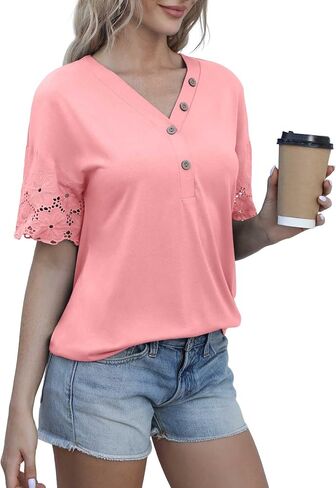 Jouica Women's Summer Casual Lace Short Sleeve Buttons Top V-Neck Loose Shirts Blouses in Saudi Arabia
