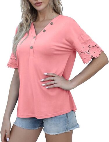 Jouica Women's Summer Casual Lace Short Sleeve Buttons Top V-Neck Loose Shirts Blouses in Saudi Arabia