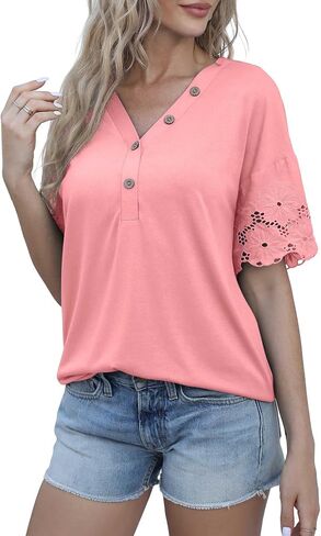 Jouica Women's Summer Casual Lace Short Sleeve Buttons Top V-Neck Loose Shirts Blouses in Saudi Arabia