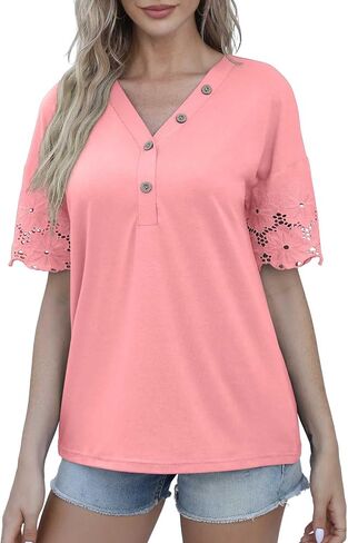 Jouica Women's Summer Casual Lace Short Sleeve Buttons Top V-Neck Loose Shirts Blouses in Saudi Arabia