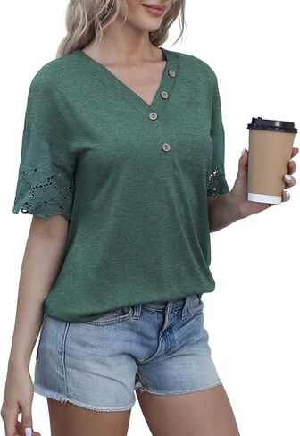 Jouica Women's Summer Casual Lace Short Sleeve Buttons Top V-Neck Loose Shirts Blouses in Saudi Arabia