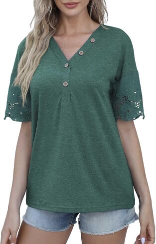 Jouica Women's Summer Casual Lace Short Sleeve Buttons Top V-Neck Loose Shirts Blouses in Saudi Arabia