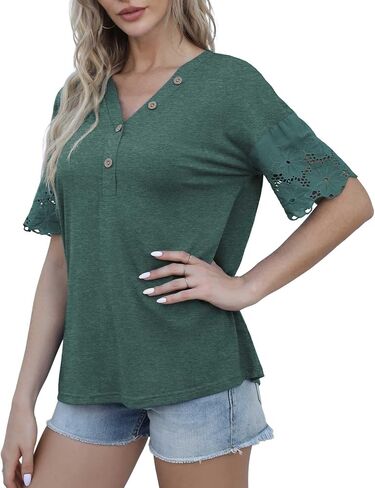 Jouica Women's Summer Casual Lace Short Sleeve Buttons Top V-Neck Loose Shirts Blouses in Saudi Arabia