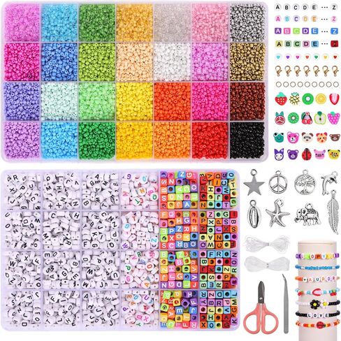 QUEFE 12600 قطعة 3 مم 28 لونًا من الخرز الزجاجي لمجموعة صنع سوار الصداقة، خرز صغير، طقم صنع السوار مع 1560 قطعة من خرز الحروف، خرز القلب، خرز الطين، هدايا الحرف اليدوية لصنع المجوهرات in Kuwait