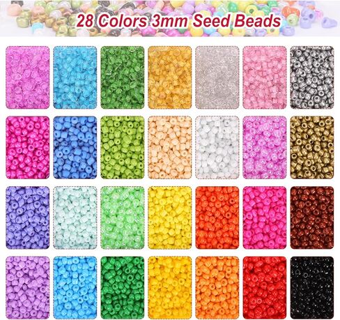 QUEFE 12600 قطعة 3 مم 28 لونًا من الخرز الزجاجي لمجموعة صنع سوار الصداقة، خرز صغير، طقم صنع السوار مع 1560 قطعة من خرز الحروف، خرز القلب، خرز الطين، هدايا الحرف اليدوية لصنع المجوهرات in Kuwait