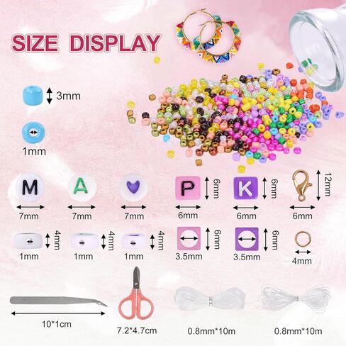 QUEFE 12600 قطعة 3 مم 28 لونًا من الخرز الزجاجي لمجموعة صنع سوار الصداقة، خرز صغير، طقم صنع السوار مع 1560 قطعة من خرز الحروف، خرز القلب، خرز الطين، هدايا الحرف اليدوية لصنع المجوهرات in Kuwait