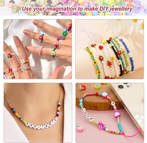 QUEFE 12600 قطعة 3 مم 28 لونًا من الخرز الزجاجي لمجموعة صنع سوار الصداقة، خرز صغير، طقم صنع السوار مع 1560 قطعة من خرز الحروف، خرز القلب، خرز الطين، هدايا الحرف اليدوية لصنع المجوهرات in Kuwait