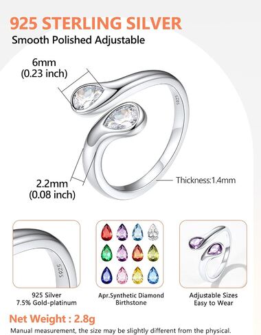 Silvora 925 Sterling Silver Adjustable Ring Wrap Birthstones Open Rings for Women Girls Ring with 2 Pear Shaped Gemstone, Birthstone Ring for Mother in Saudi Arabia