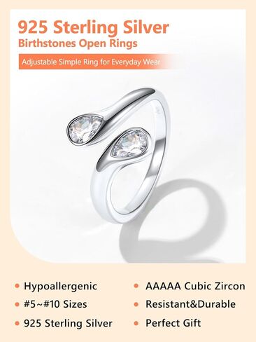 Silvora 925 Sterling Silver Adjustable Ring Wrap Birthstones Open Rings for Women Girls Ring with 2 Pear Shaped Gemstone, Birthstone Ring for Mother in Saudi Arabia