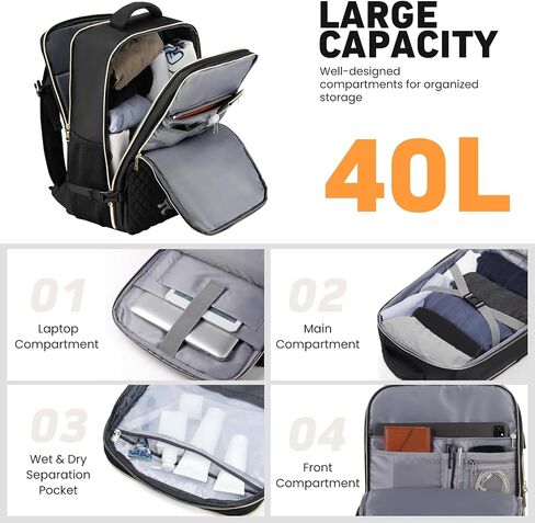 Travel Backpack for Women, Flight Approved Carry On Backpack, Large 40L Suitcase Backpacks Waterproof Luggage Bag Weekender Daypack Fit 17 Inch Laptop, Black in Saudi Arabia
