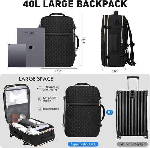 Travel Backpack for Women, Flight Approved Carry On Backpack, Large 40L Suitcase Backpacks Waterproof Luggage Bag Weekender Daypack Fit 17 Inch Laptop, Black in Saudi Arabia