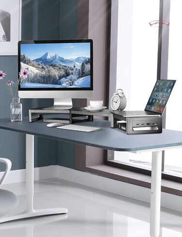 Vaydeer Adjustable Dual Monitor Stand with USB, Angled Double Monitor Riser, Metal Computer Support for 2 Monitors, Desk Hub with Shelf Storage Raiser for iMac Laptop PC Screen Office Studio Organizer in Saudi Arabia