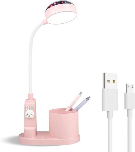 Pink Kids Desk Lamp with Pen Holder, Rabbit Cute LED Desk/Table Lamp with Dimmable Natrue Light, USB Rechargeable and Funny Projector, Small Bedside lamp, LED lamp for Girls Bedrooms in Saudi Arabia