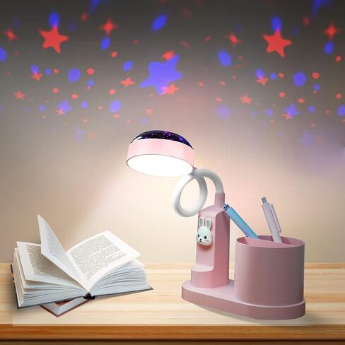 Pink Kids Desk Lamp with Pen Holder, Rabbit Cute LED Desk/Table Lamp with Dimmable Natrue Light, USB Rechargeable and Funny Projector, Small Bedside lamp, LED lamp for Girls Bedrooms in Saudi Arabia