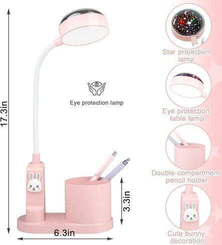 Pink Kids Desk Lamp with Pen Holder, Rabbit Cute LED Desk/Table Lamp with Dimmable Natrue Light, USB Rechargeable and Funny Projector, Small Bedside lamp, LED lamp for Girls Bedrooms in Saudi Arabia