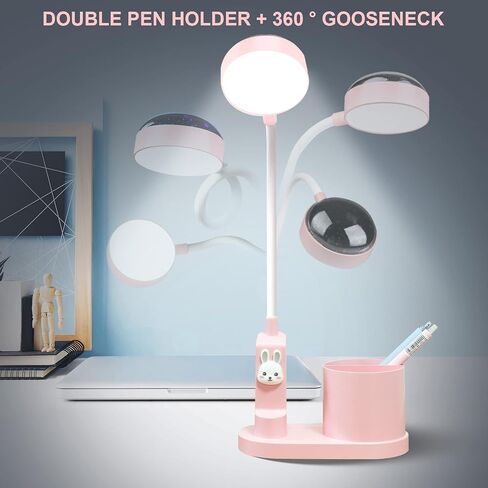 Pink Kids Desk Lamp with Pen Holder, Rabbit Cute LED Desk/Table Lamp with Dimmable Natrue Light, USB Rechargeable and Funny Projector, Small Bedside lamp, LED lamp for Girls Bedrooms in Saudi Arabia