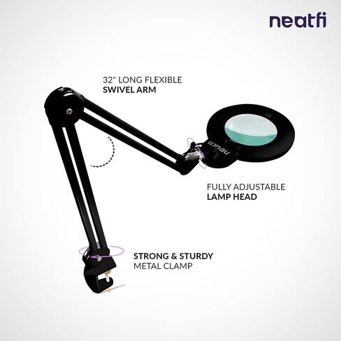 Neatfi XL Bifocal LED Magnifying Lamp, 7-Inch Acrylic Lens, 5D/20D Magnification, Hands-Free, Dimmable, 84 SMD LED, Adjustable Arm for Crafts, Reading, Close Work (White, with Clamp) in Kuwait