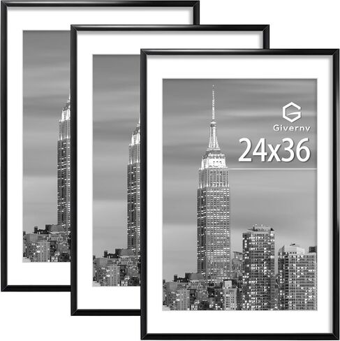 Giverny 24 x 36 Picture Frame Black 3 Pack, Display 24x36 Poster Frame or 20x30 Mat Picture Frame with Lightweight Molding, HD Plexiglass for Horizontal or Vertical Wall Mounting in Saudi Arabia