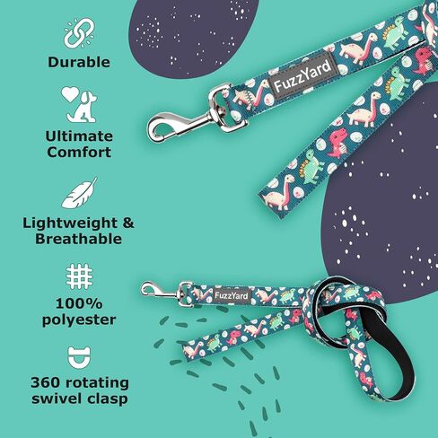 FuzzYard Dinosaur Land Dog Leash | Size S | Comfortable Neoprene Lead for Dogs | Perfect for Outdoor Walking & Training in Saudi Arabia