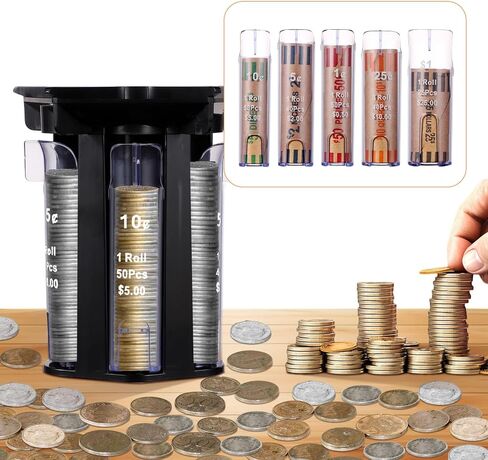 Coin Sorter, 5-in-1 Coin Counters & Coin Sorters Tube with Coin Wrappers Black Coin Organizer Change Sorter Counter Coin Roller Machine Accurate & Simple, 5.12x4.53x3.15 Inch in Saudi Arabia