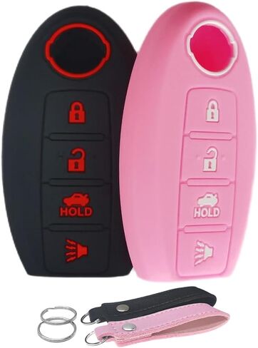 Silicone Key Fob Cover Remote Keyless Case Protector Compatible with Nissan 350Z 370Z Altima Armada GT-R Maxima Murano Pathfinder Rogue Select Sentra Titan Versa Note Xterra (4 Buttons Black & Pink) in Saudi Arabia
