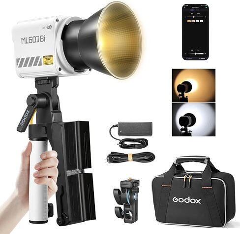مجموعة Godox ML60II Bi - ضوء تصوير LED خفيف الوزن مع التحكم في تطبيق Godox Light، وسطوع 22500Lux، وخيارات طاقة متعددة، وبطاريات NP-F970 المزدوجة المدمجة لسهولة الحمل القصوى in Saudi Arabia