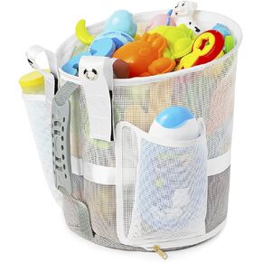 منظم ألعاب حمام شبكي سريع المغرفة لحوض الاستحمام بسحاب YKK، طرق متعددة للتعليق، سعة كبيرة جدًا وفتحة كبيرة، حامل ألعاب الحمام، حقيبة تخزين ألعاب حمام الأطفال مع جيبين جانبيين (أبيض) in Kuwait