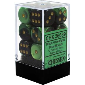 DND Dice Set-Chessex D&D Dice-16mm Gemini Black, Green, and Gold Plastic Polyhedral Dice Set-Dungeons and Dragons Dice Includes 12 Dice – D6