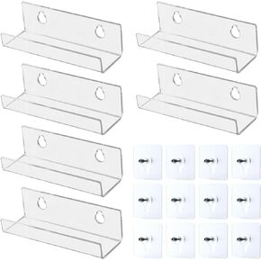 6pcs Vinyl Record Holders, Acrylic Album Record Holder Vinyl Wall Mount No Drill Adhesive Vinyl Storage Shelves Display Stand for Displaying LP CD Listening in Office Home (Clear)