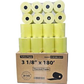 (32 Rolls) 3 1/8 x 180 Yellow Thermal Paper Receipt Rolls (60 GSM Paper Thickness) fits all Clover POS Cash Register Printers, Yellow Thermal Paper from BuyRegisterRolls