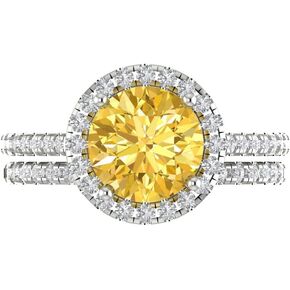 Clara Pucci 2.72ct Round cut Custom Engraving Halo Pave Yellow Faux Diamond Engagement Ring Band Wedding Bridal Set 14k White Gold 10
