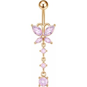 Belly Button Rings for Women Dangle Belly Button Rings 14G 316L Stainless Steel Butterfly Belly Rings Cubic Zirconia Butterfly Dangle Navel Rings Body Piercing Statement Jewelry