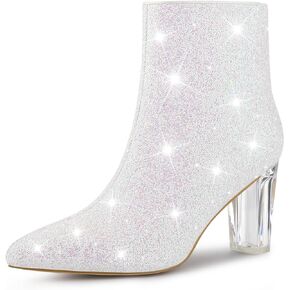 Perphy Clear Heel Sparkly Glitter Block Heels Ankle Boots for Women