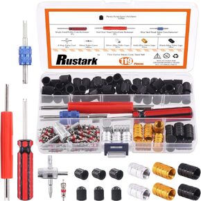 119Pcs Valve Core Remover Tools with Aluminum Tire Valve Stem Caps, Valve Core, Dual Single Head Valve Core Remover and 4-Way Valve Tool Kit for Automotive Truck Motorcycle Bicycle