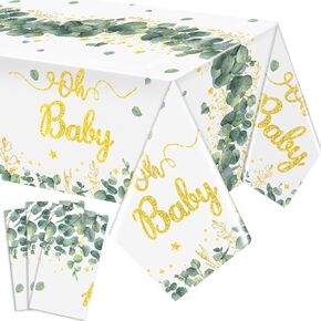 Peryiter 9 Pcs Sage Green Baby Shower Tablecloth Plastic Baby Table Cover 54 x 108 Inch Disposable Eucalyptus Leaf Table Cloth Sage Green Decorations for Baby Shower Spring Summer Party Supplies