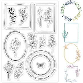 GLOBLELAND Layered Circle Frame Clear Stamps Plants Butterfly Silicone Clear Stamp Seals for Cards Making DIY Scrapbooking Photo Journal Album Decoration